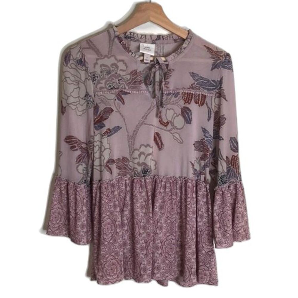 Knox Rose Floral Blouse Boho Peasant Top Ruffles Bell Sleeves‎ Beige Pink Size S